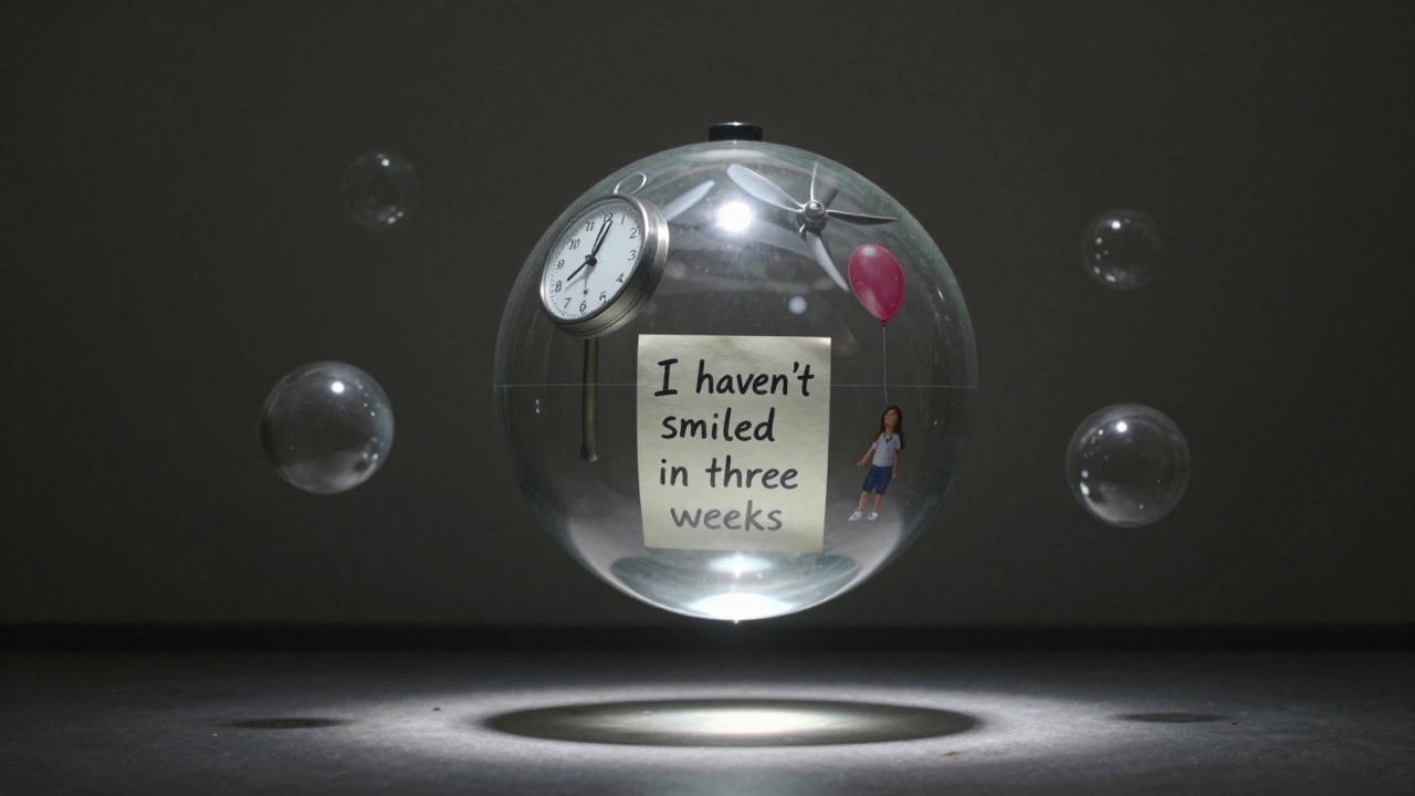 A glowing glass orb reflecting memories of loss and motion, surrounded by ghostly juggling balls.